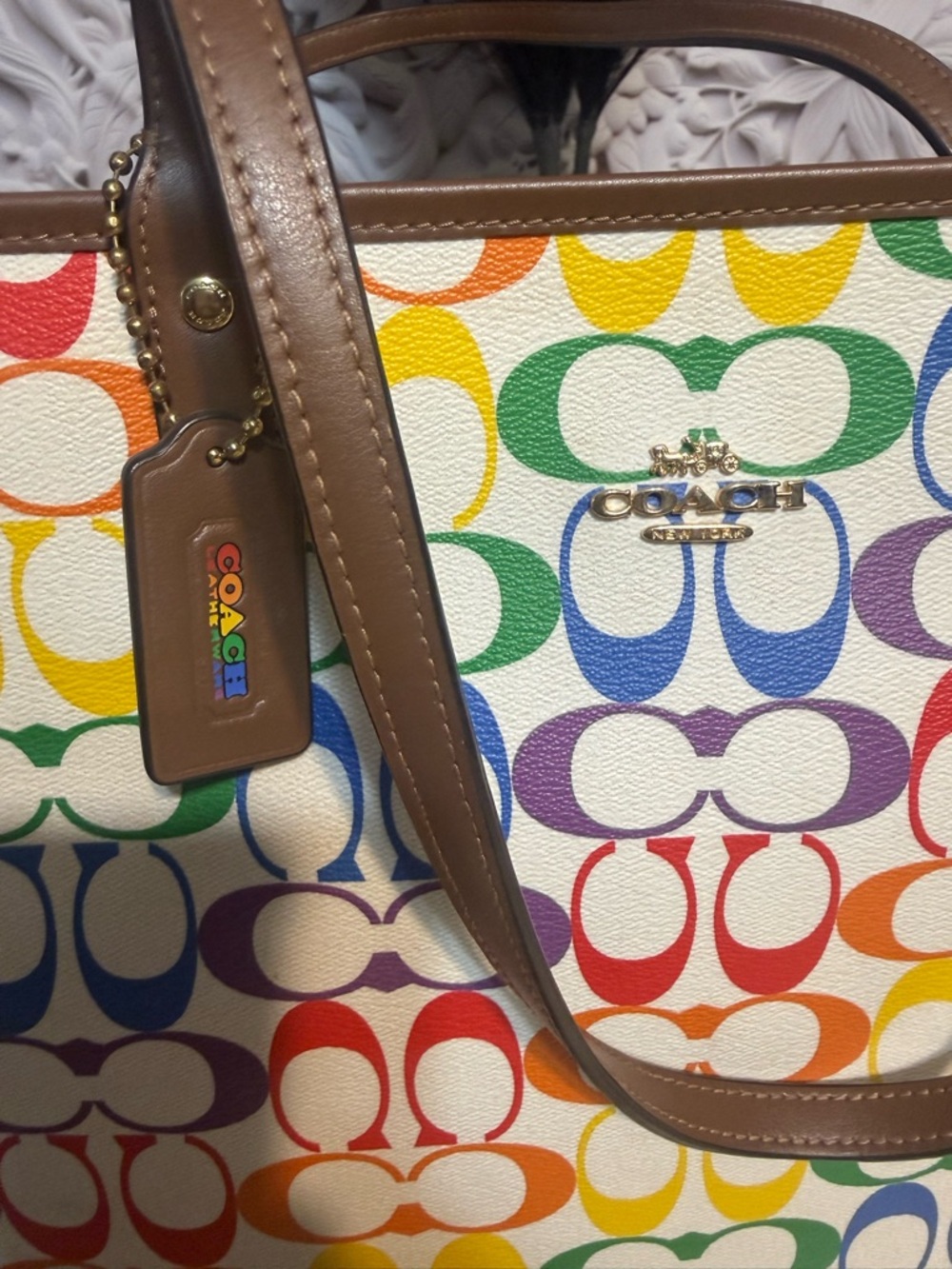 Coach Multicolor Rainbow Signature Tote with Brown Leather Trim - Picture 3 of 10